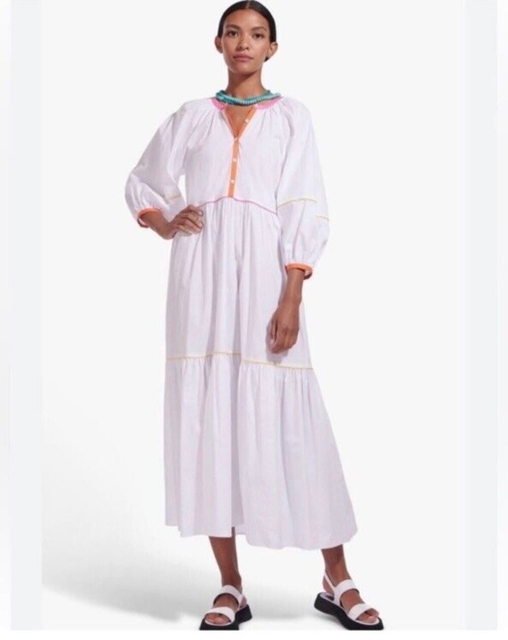 $345 STAUD Demi Dress Womens Large White Poplin Rainbow Tiered Maxi Lined Cotton